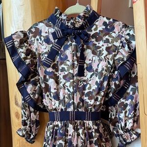 Floral Ruffle Bow Midi Dress in Navy, Pink & Olive